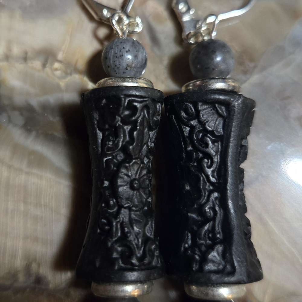 Artisan Black Carved Cinnabar And Larvikite Earrings